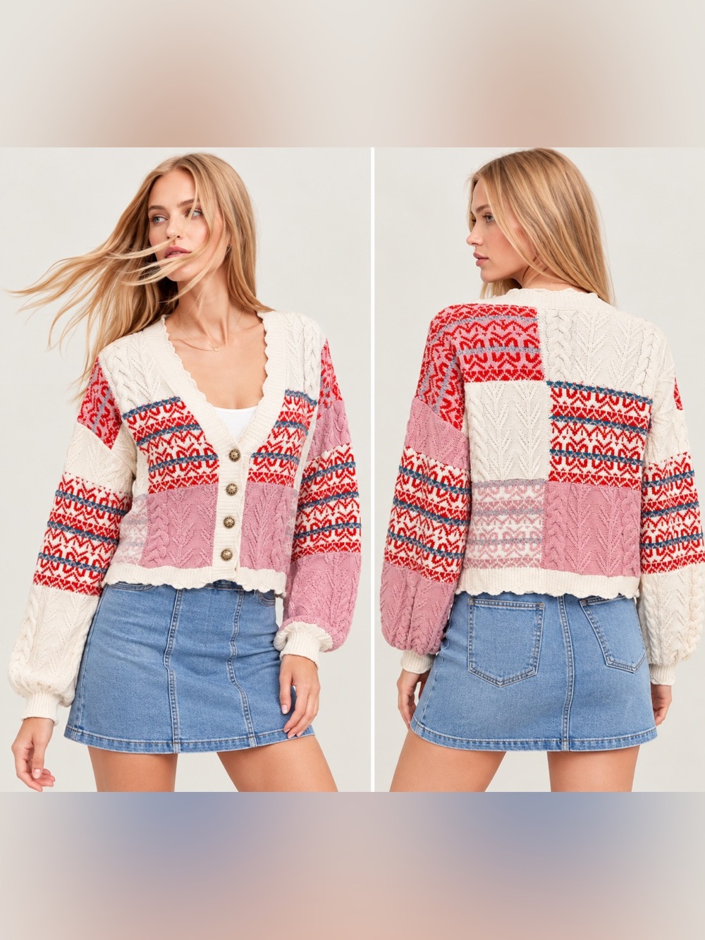 POL Cream, Pink & Red Patchwork Cable-Knit V-Neck Cardigan